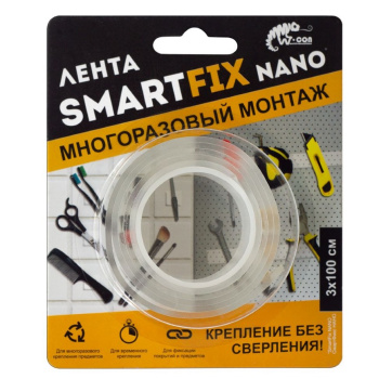 Лента клейкая двусторонняя многоразовая "NANO" "SmartFix" Прозр. 30мм х 1м SMN3010T "W-con" *1/36